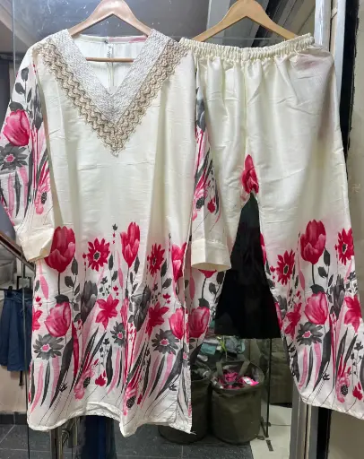 Printed Co ord set with neck work