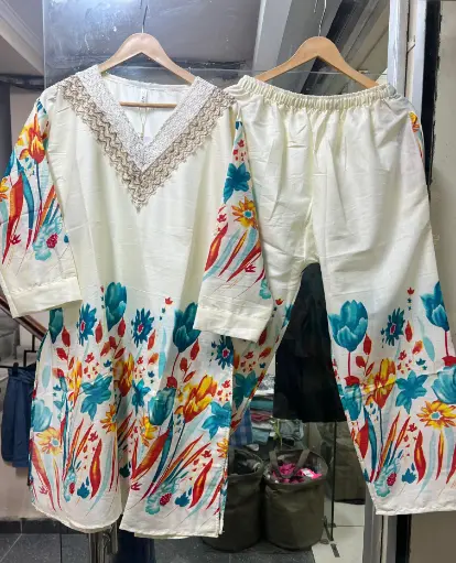 Printed Co ord set with neck work